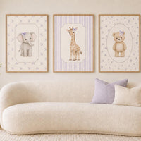 Purple Nursery Wall Art Set of 3, Elephant Giraffe Bear Prints, Lilac Baby Girl