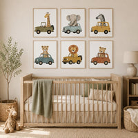 Safari Animal Car Prints Set, Retro Nursery Wall Art (Set of 6)