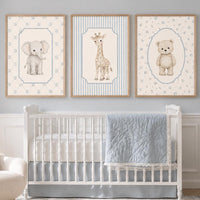 Navy Blue Nursery Prints: Bear, Elephant, Giraffe Animal Art