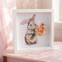 Princess Bunny Nursery Wall Art, Watercolor Rabbit with Crown, Floral Embellishments (9x9)