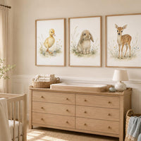 Baby Animal Nursery Wall Art Set of 3, Bunny Duckling and Fawn Prints