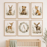Woodland Nursery Wall Art Set of 6, Forest Animal Prints, Bear Bunny Fox Deer