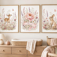 Personalized Woodland Nursery Wall Art Set of 3, Floral Deer and Bunny Prints