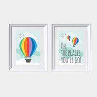 Oh the places you'll go, hot air balloon, set of 2 prints, playroom decor, nursery decor, nursery art, nursery print set, large nursery art