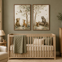 Woodland Nursery Wall Art Set of 2, Forest Animal Prints, Bear Fox Raccoon Owl