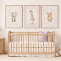 Purple Nursery Wall Art Set of 3, Elephant Giraffe Bear Prints, Lilac Baby Girl