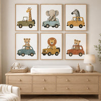 Safari Animal Car Prints Set, Retro Nursery Wall Art (Set of 6)