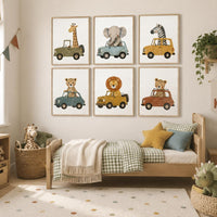 Safari Animal Car Prints Set, Retro Nursery Wall Art (Set of 6)