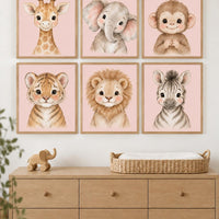 Pink Safari Nursery Wall Art Set of 6, Watercolor Baby Animal Prints