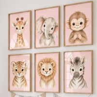 Pink Safari Nursery Wall Art Set of 6, Watercolor Baby Animal Prints