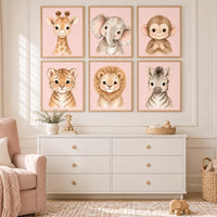 Pink Safari Nursery Wall Art Set of 6, Watercolor Baby Animal Prints