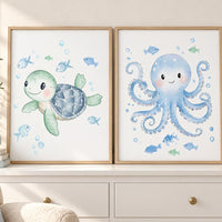 Ocean Nursery Wall Art Set of 2, Watercolor Sea Turtle and Octopus Prints