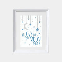 We love you to the moon and back, moon and stars, baby boy nursery, navy nursery decor, moon and back, nursery decor, nursery wall art