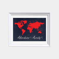 Adventure awaits Nursery print, navy and red, World Map print, Kid's Room Decor, Children's playroom decor, toddler room, navy nursery art