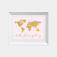 Oh the places you will go nursery, pink gold nursery print, baby girl nursery room decor, world map, glitter, oh the places you'll go, gift