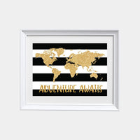 Black white gold decor, World Map, Adventure awaits, gold nursery decor, gold nursery, Nursery Prints, gold glitter, black and white nursery