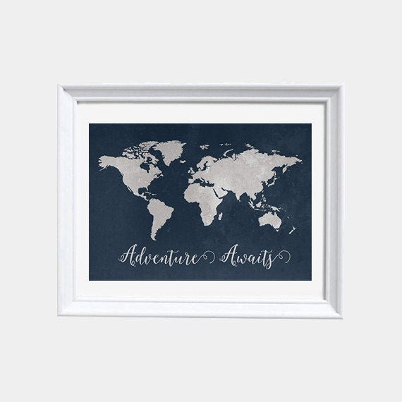 Navy World Map print, Adventure awaits Nursery print, Kid&