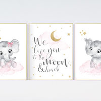 Elephant Nursery decor girl, pink gold nursery prints, girl nursery decor, pink elephant nursery