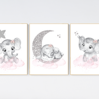 Girl nursery decor, pink and silver, elephant nursery prints, nursery wall art girl