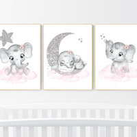 Girl nursery decor, pink and silver, elephant nursery prints, nursery wall art girl
