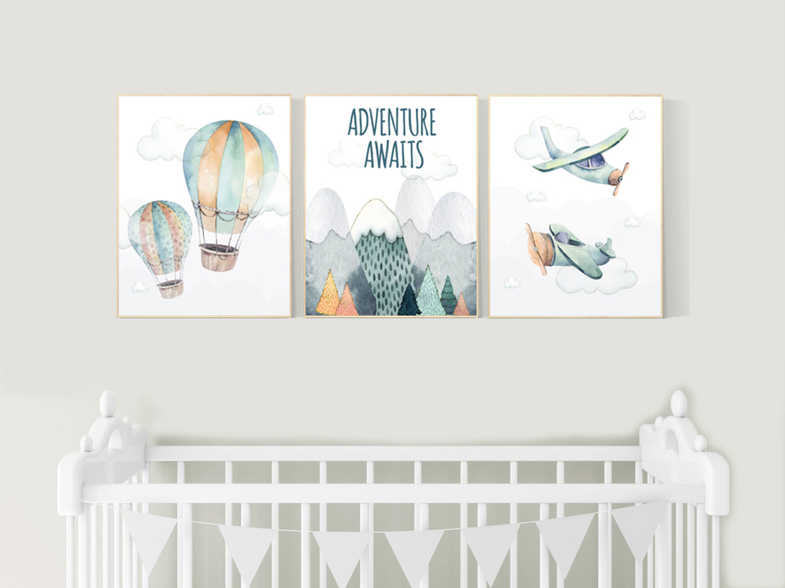 Nursery decor boy mountain, adventure , travel theme , woodland, gender neutral, adventure awaits