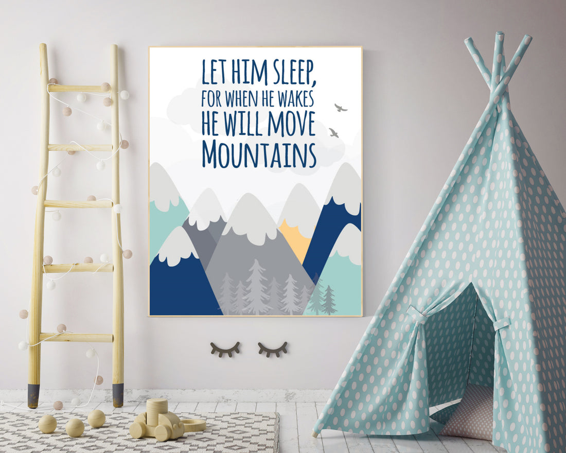Nursery decor adventure, mountain nursery wall art, woodland, let him sleep for when he wakes