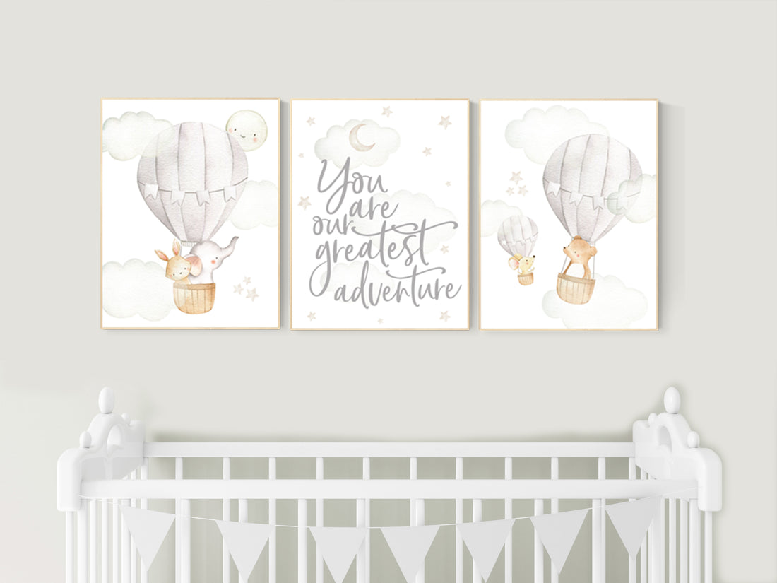 Nursery decor gender neutral, hot air balloon, elephant nursery, woodland animals