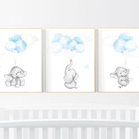 Blue nursery decor, elephant nursery wall art, nursery decor boy elephant, animal prints, baby room