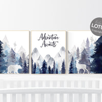 Nursery decor woodland, navy blue, mountain wall art, tree nursery decor, navy and blue