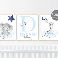 Nursery decor boy, navy blue nursery, elephant and giraffe, nursery wall art boy