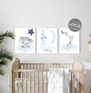 Nursery decor boy, navy blue nursery, elephant and giraffe, nursery wall art boy