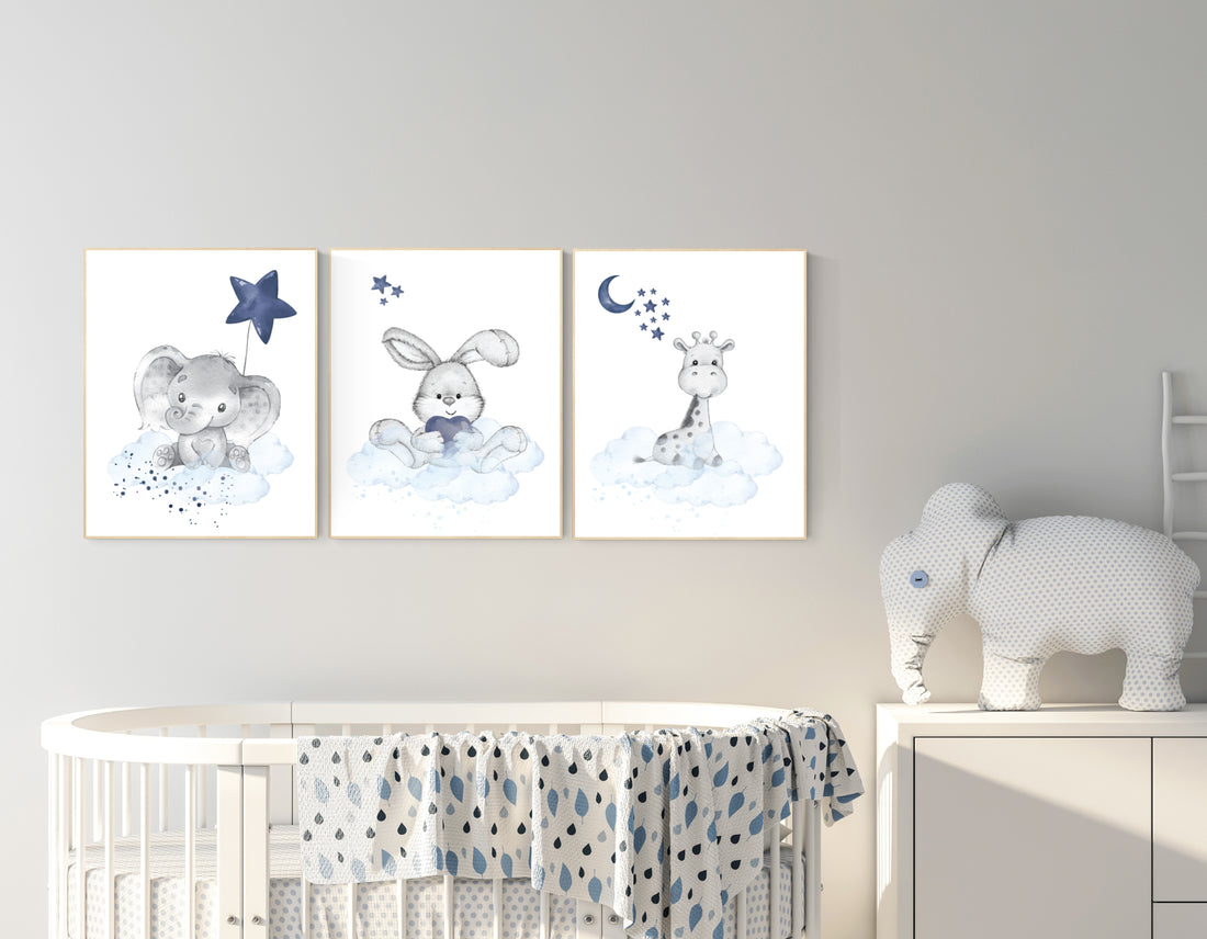 Nursery decor animals, elephant, bunny, giraffe, animal nursery prints, navy blue nursery, baby room