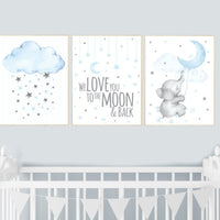 Nursery decor boy elephant, blue gray, grey, moon and cloud, we love you to the moon and back