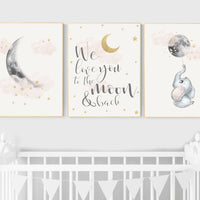 Nursery decor girl, blush gold, moon nursery wall art, elephant wall decor, we love you to the moon