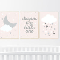 Blush nursery decor, dream big little one, moon, cloud, stars, pale pink, girl nursery room ideas