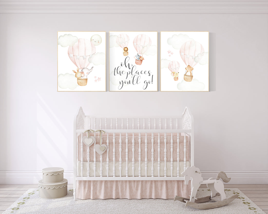 Nursery decor girl blush pink, nursery wall art hot air balloon, animal prints, nursery wall decor