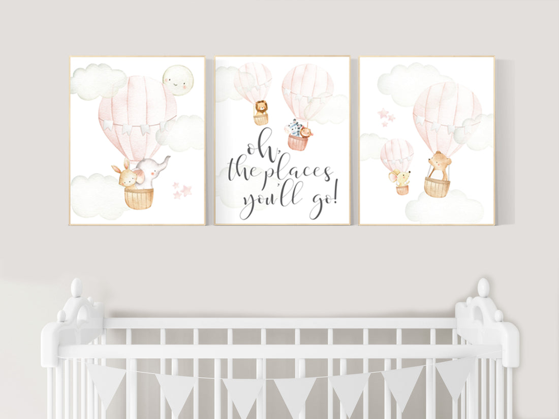 Nursery decor girl blush pink, nursery wall art hot air balloon, animal prints, nursery wall decor