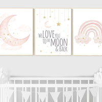 Nursery prints rainbow, blush Nursery decor girl, blush gold nursery wall art, blush pink, moon star