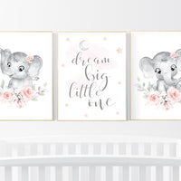Nursery decor girl flower, blush, elephant nursery wall art, nursery decor girl floral, woodland