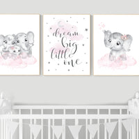 Elephant nursery, nursery wall art girl pink and gray, nursery decor girl, dream big little one
