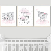 Elephant nursery, nursery wall art girl pink and gray, nursery decor girl, dream big little one