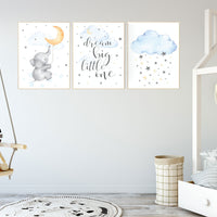Elephant nursery, gender neutral nursery wall art, yellow, blue, dream big little one, moon, cloud