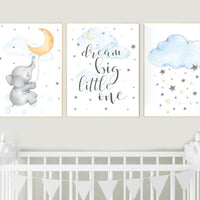 Elephant nursery, gender neutral nursery wall art, yellow, blue, dream big little one, moon, cloud