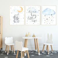 Elephant nursery, gender neutral nursery wall art, yellow, blue, dream big little one, moon, cloud