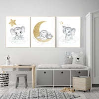 Nursery wall art grey, gray gold nursery, elephant nursery, nursery decor neutral, gender neutral