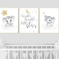 Gender neutral nursery wall decor, grey gold, gray gold, elephant nursery wall decor