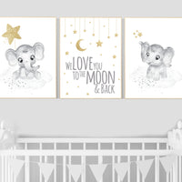 Gender neutral nursery wall decor, grey gold, gray gold, elephant nursery, to the moon and back