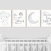 Nursery wall art grey, gray nursery, nursery decor neutral, gender neutral, moon stars, grey nursery