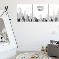 Nursery decor gender neutral, mountain nursery, gray nursery, adventure nursery, travel theme