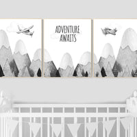 Nursery decor gender neutral, mountain nursery, gray nursery, adventure nursery, travel theme